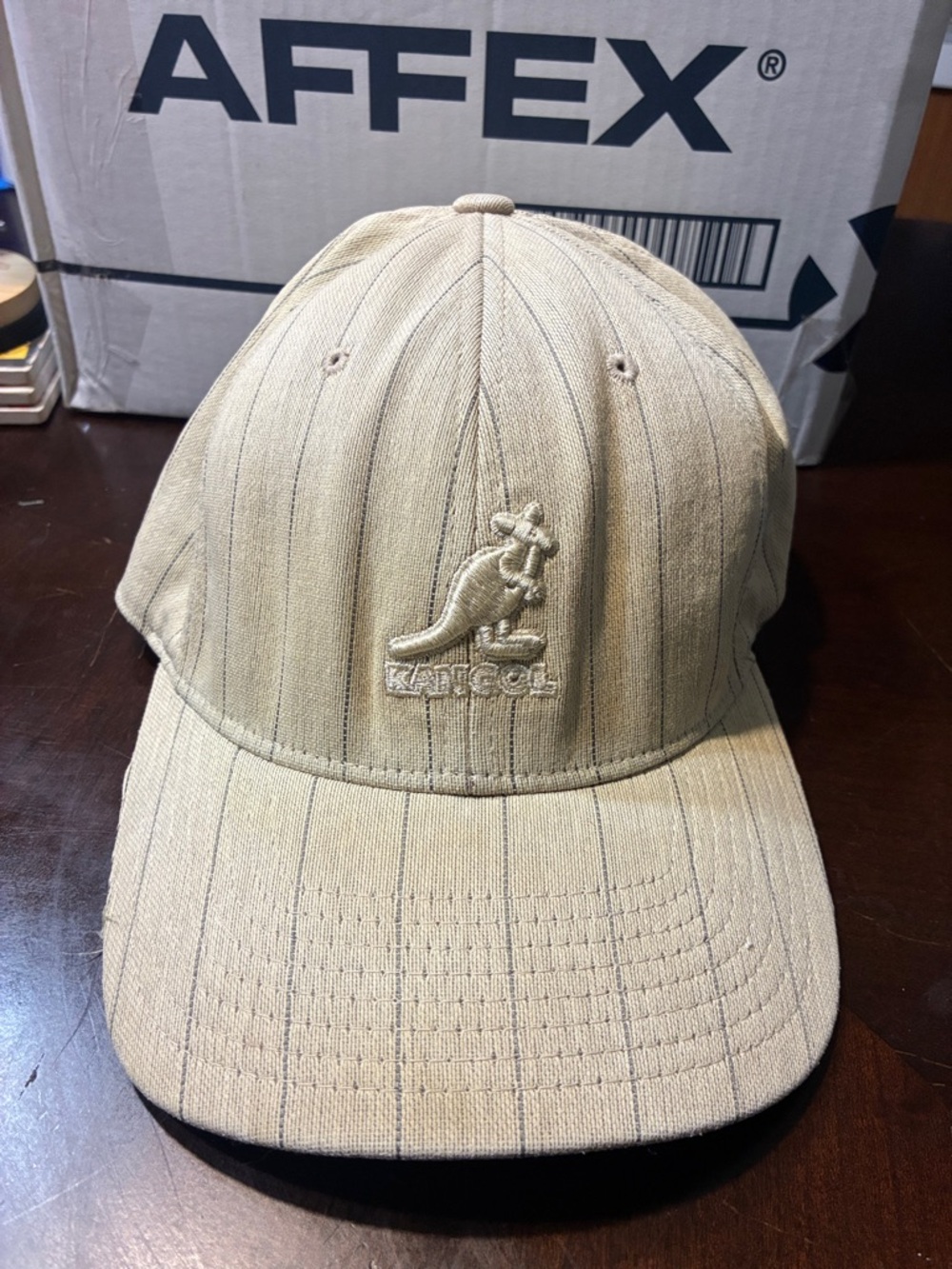 Kangol Beige Pinstripe Baseball Cap with Embroidered Kangaroo